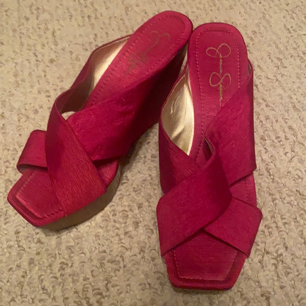 High heel satin and brown wood slip on. More fuchsia color then pink.